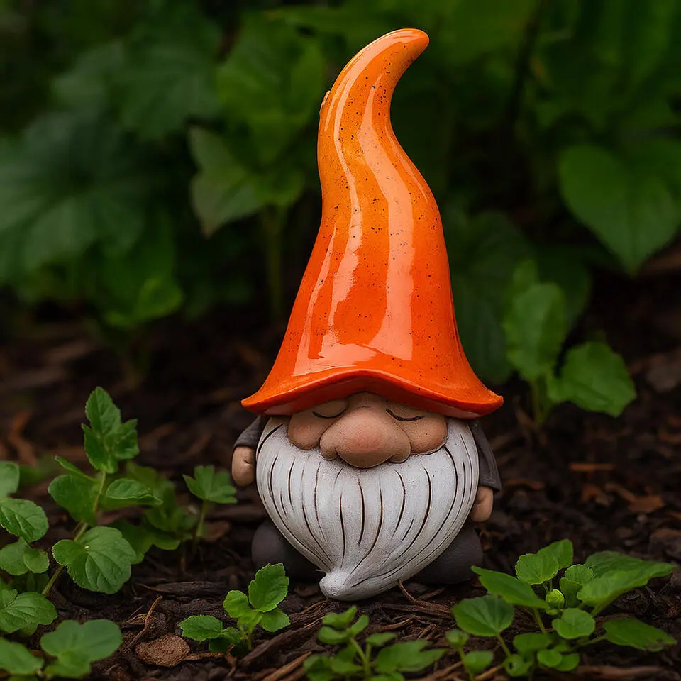 Tuinkabouter gnoom - oranje muts - polystone - 23 cm