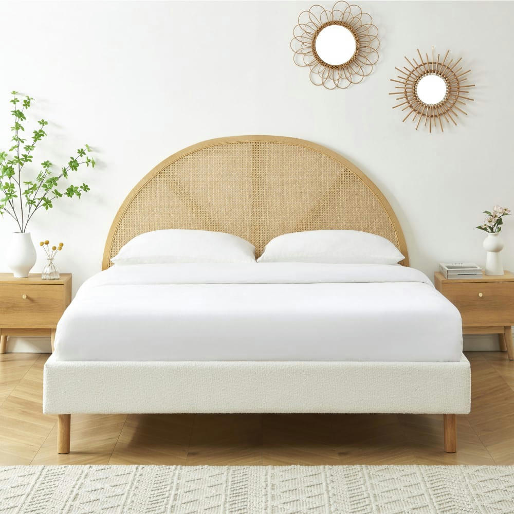 TAJUR - Lit en tissu bouclette et cannage 160x200cm ecru