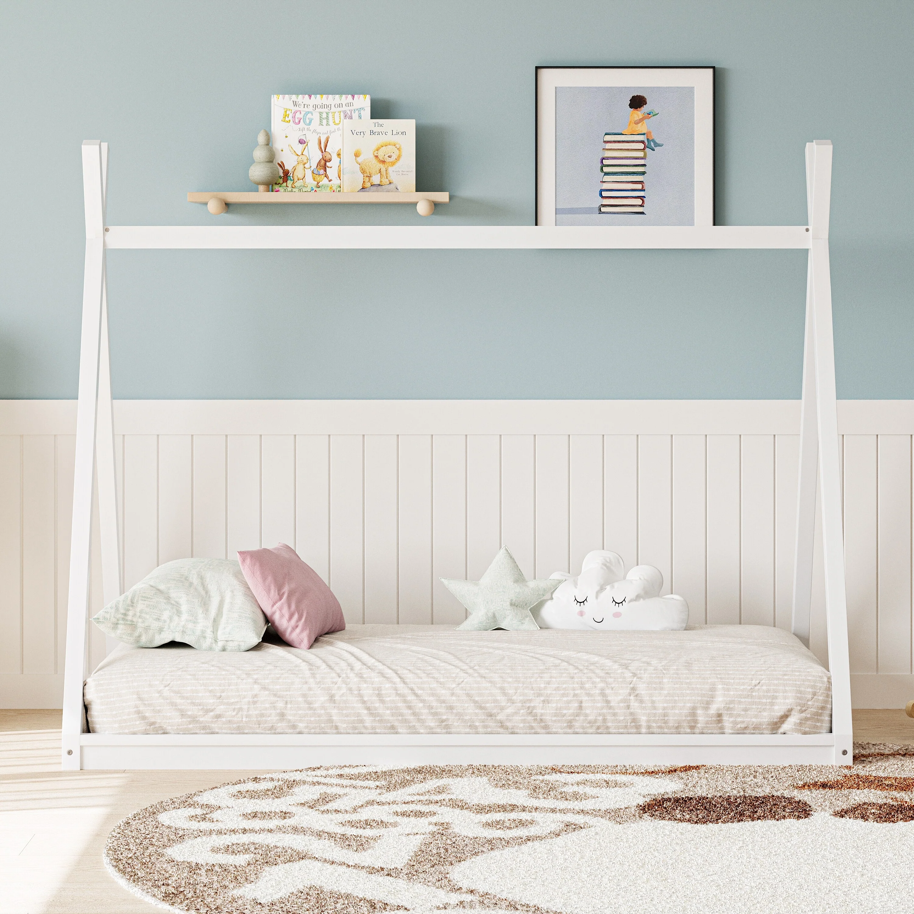 Wooden Twin House Bed Frame for Kids, Montessori-Inspired Low Platform Tent Bed with Sturdy Triangle Design