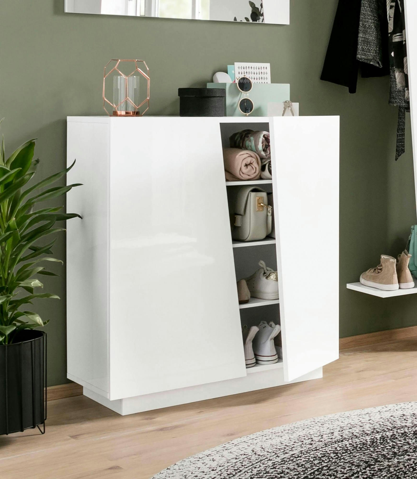 - Meuble à chaussures moderne effet bois blanc brillant