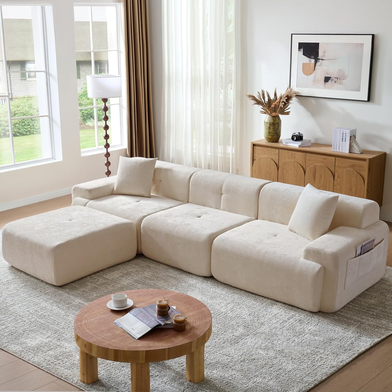 LIDYUK 118 Modern L-Shaped Boneless Couch Modular Sectional Sofa for Living Room, Chenille Upholstery Beige, Oversized 3-Seater Sectional Couch with Deep Seat and Movable Ottoman, No Assembly