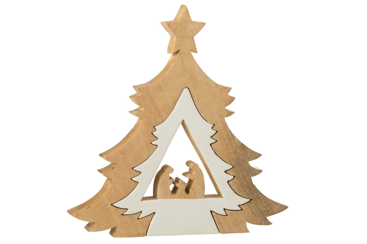 J-Line decoratie Kerststal In Boom   Ster - hout - wit/naturel