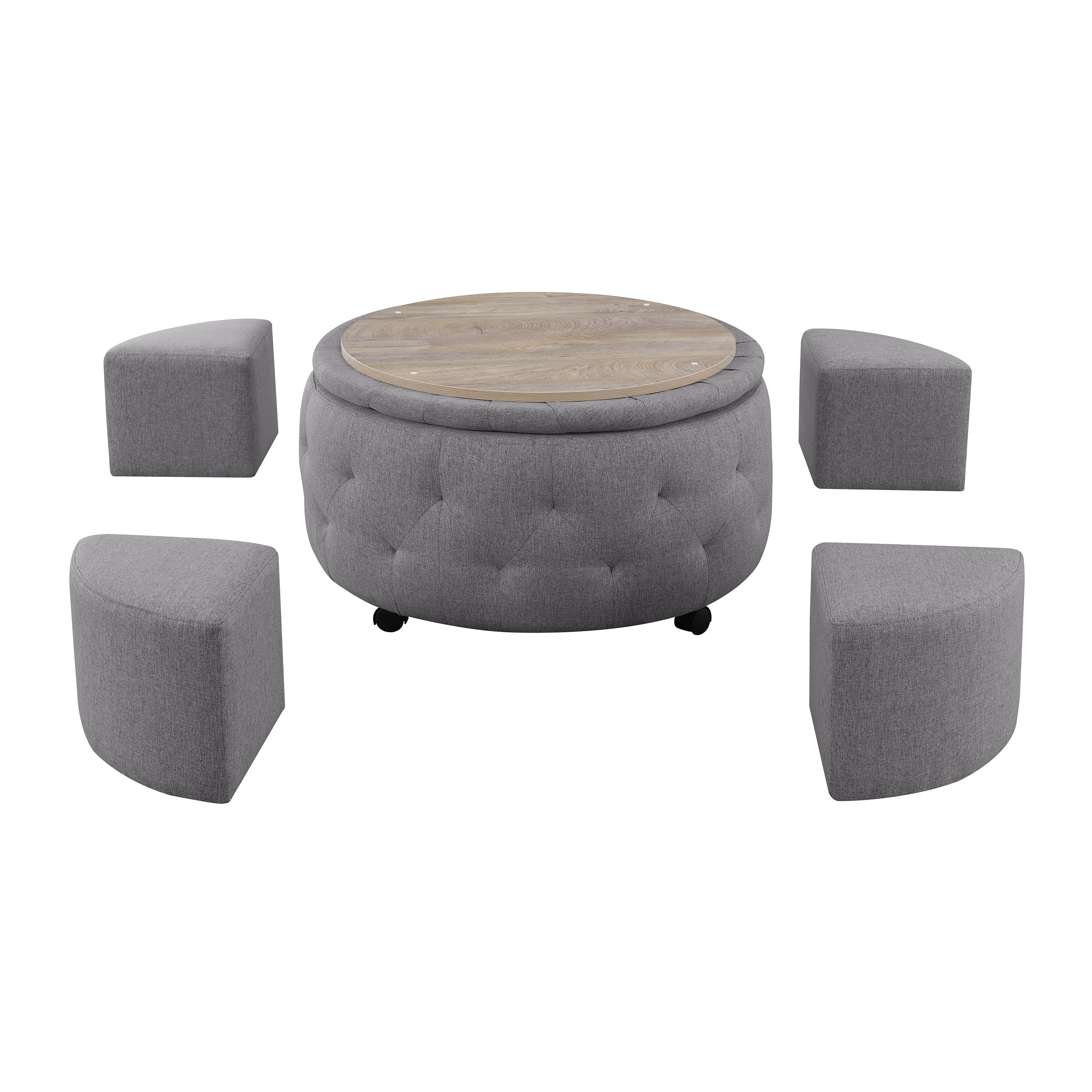 Indoor Grey Round Storage Ottoman Cocktail Set