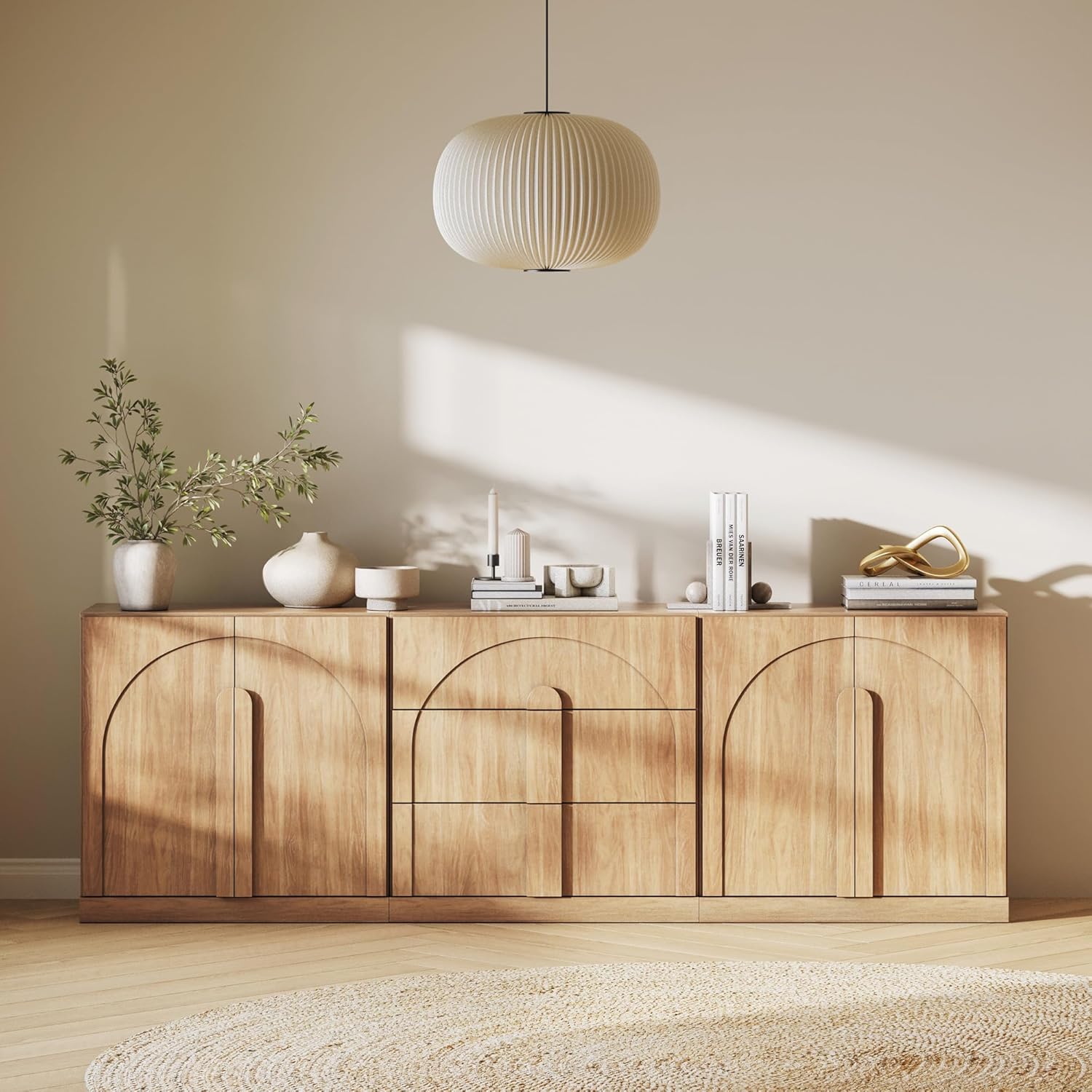 BELLEZE 3-Piece Modular Sideboard Cabinet Set Freely Configurable, Modern Wood Buffet Cabinet Contain 2 Arched Cabinet and 3-Drawer Storage, Credenza Console for Living Room Kitchen, Camel