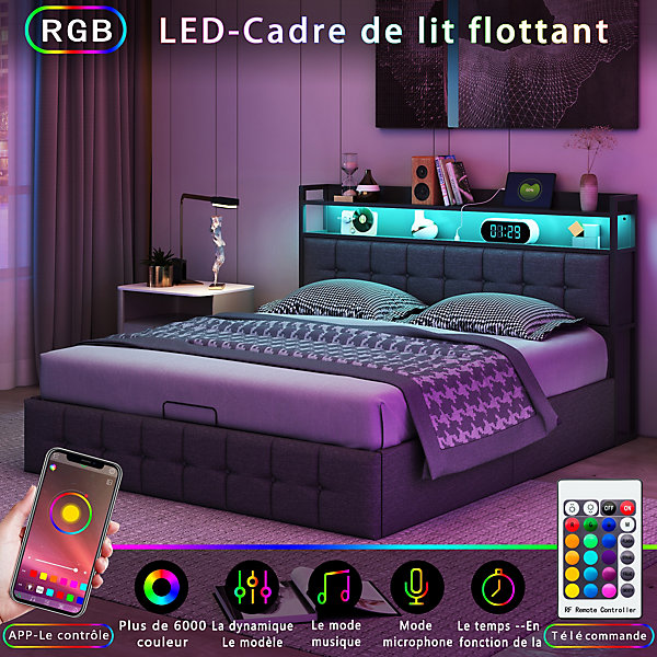 Lit Coffre 140x200 avec Rangement et éclairage LED, Sommier à Lattes, Lit Double avec USB et Type-C, Lit 2 Personnes, Lin, Gris
