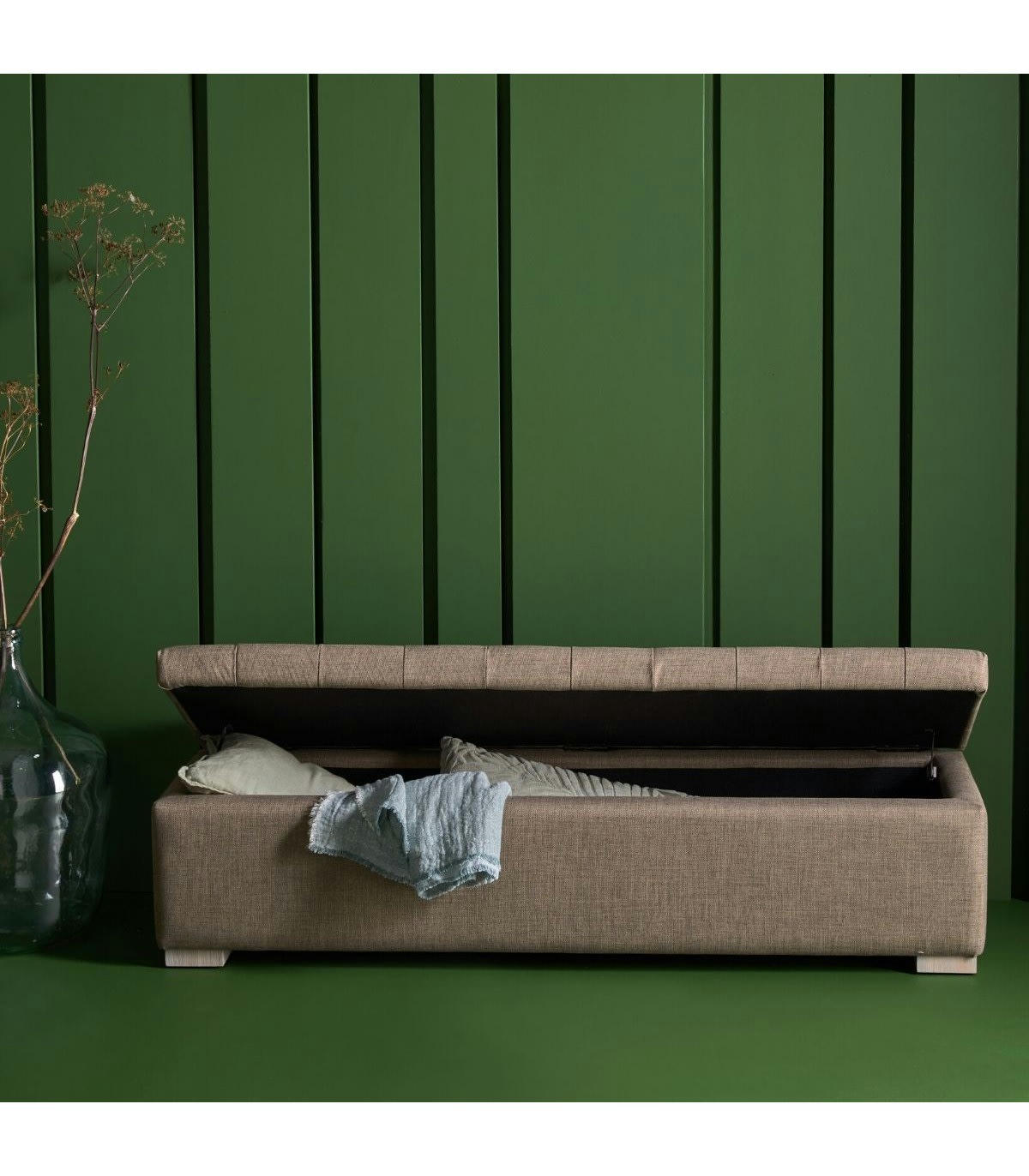 - Banc coffre en bois avec revêtement tissu Taupe - L140 cm