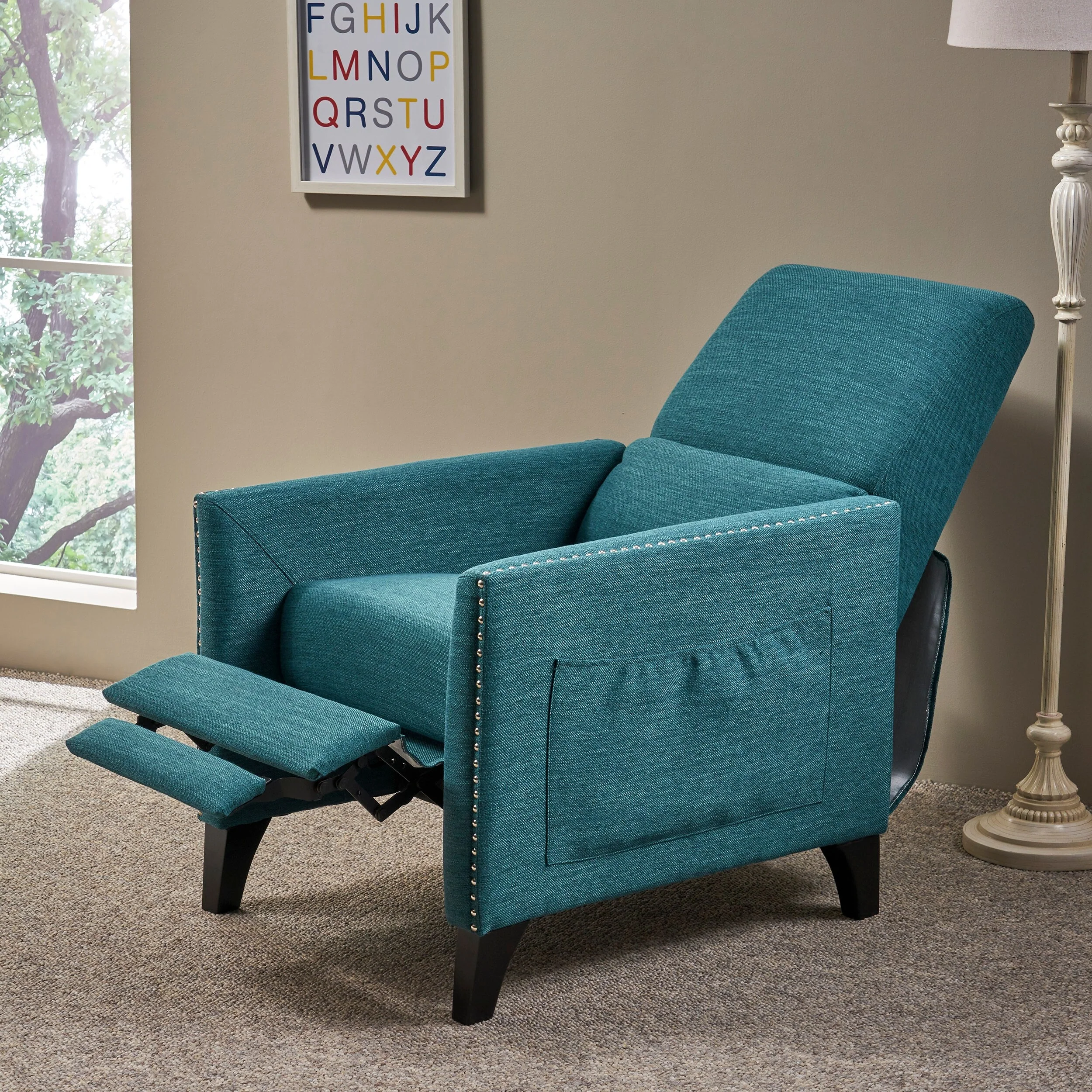 Teal Modern Fabric Upholstered Push-Back Recliner with Footrest, Nailhead Accents, Birch Wood Legs