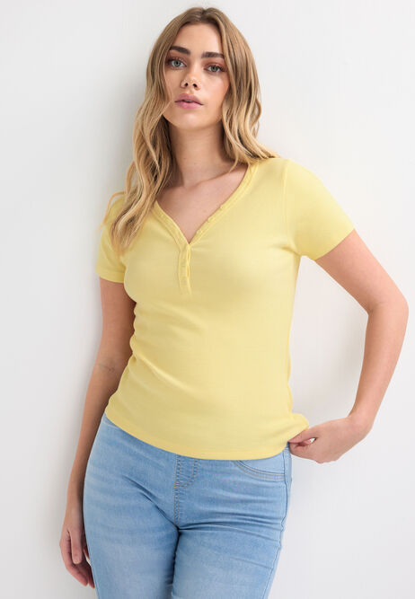 Womens Lemon V-Neck Placket Short Sleeve Top