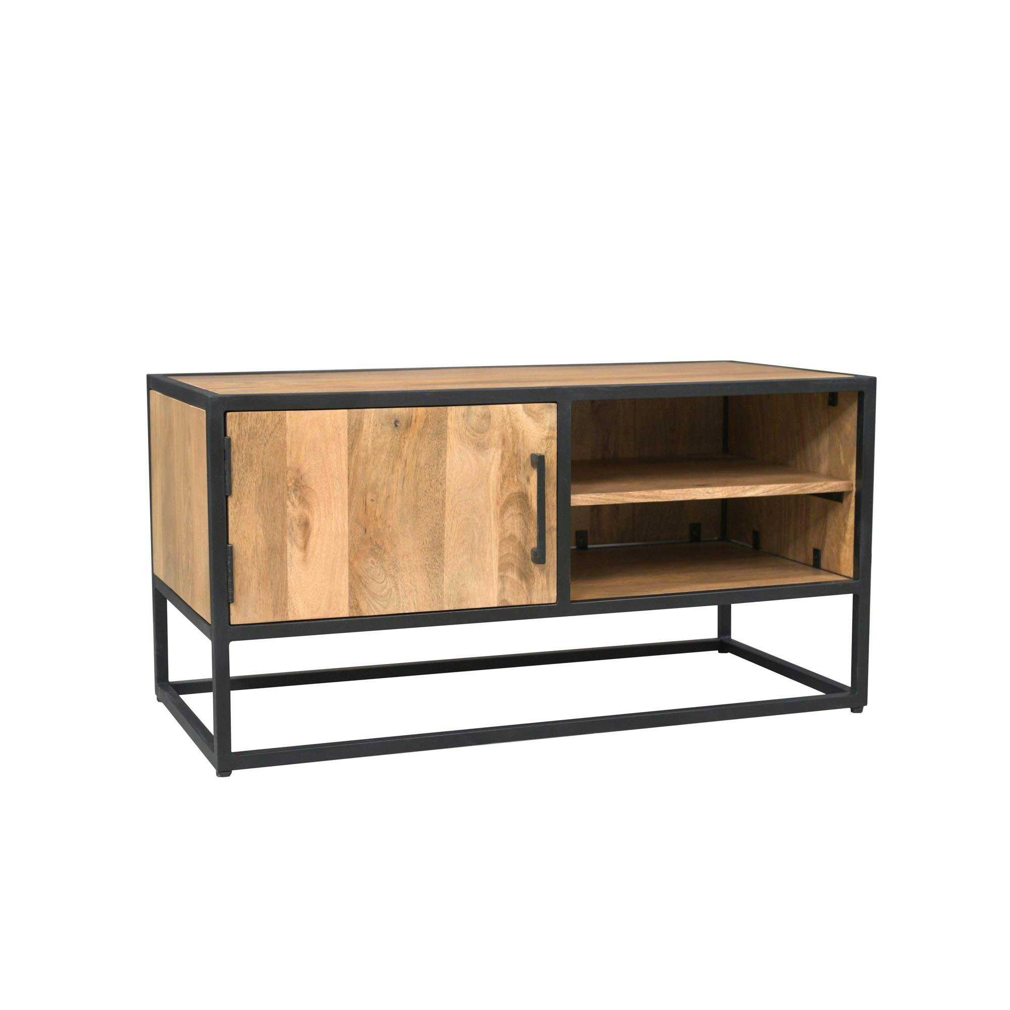 Meuble TV compact en bois clair et métal noir 1 porte RIVANO