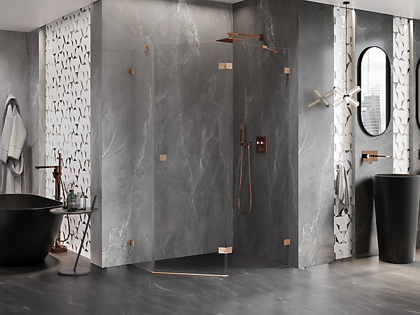 Mexen Lunar cabine de douche pentagonale pivotante droite 100 x 90 cm, transparent, cuivre brossé - 831-100P-090L-65-00-P