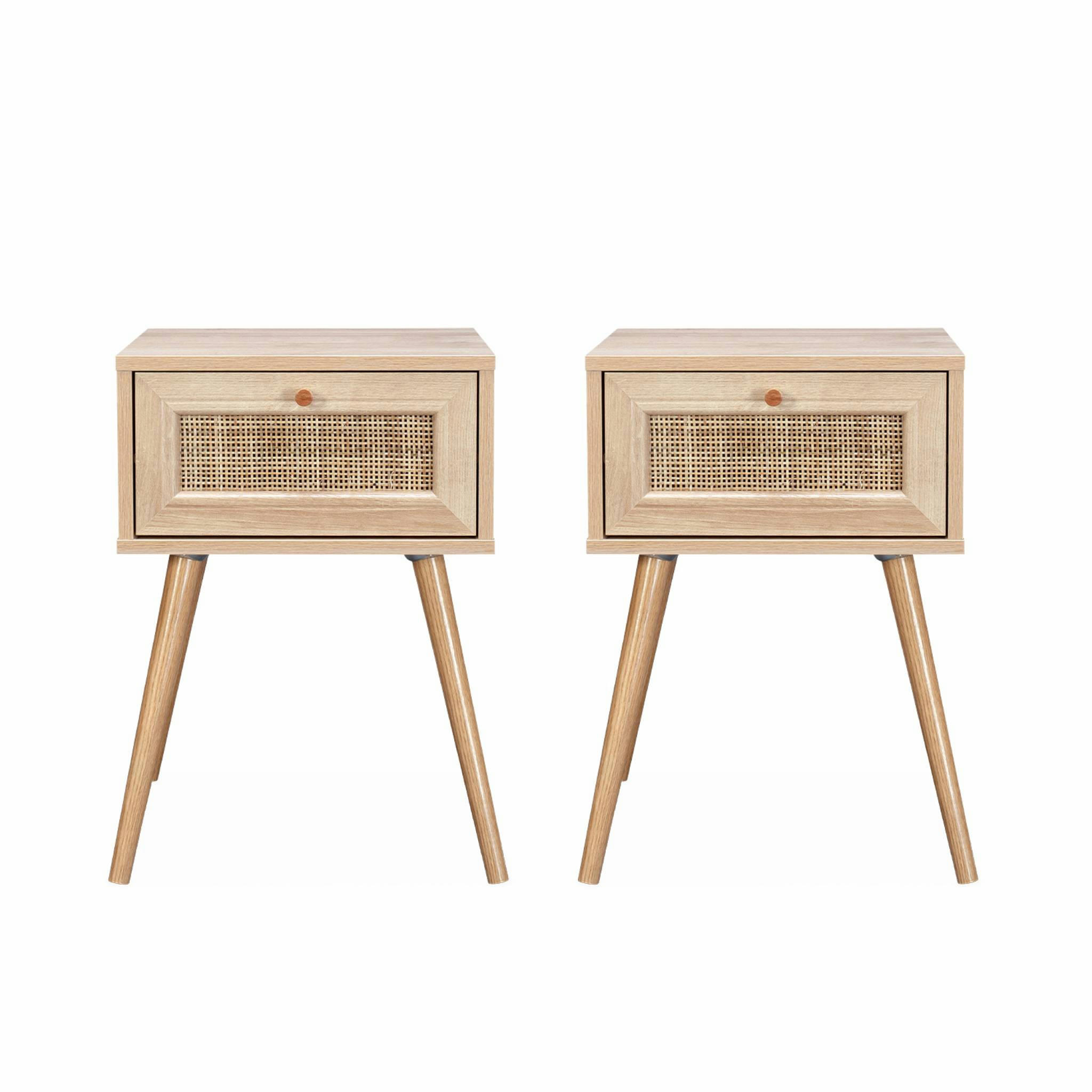 BOHÈME - Lot de 2 tables de chevet effet bois et cannage, 1 tiroir