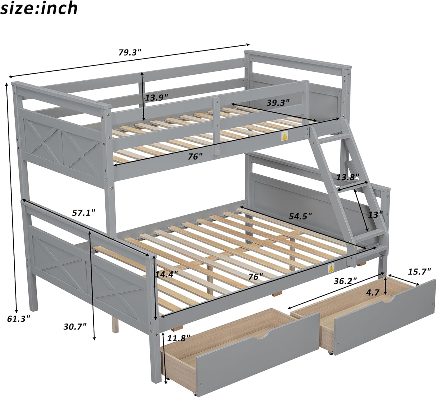 Merax Twin Over Full Bunk Bed with 2 Storage Drawers, Ladder and Guardrail, Can be Converted into 2 Separated beds, Grey