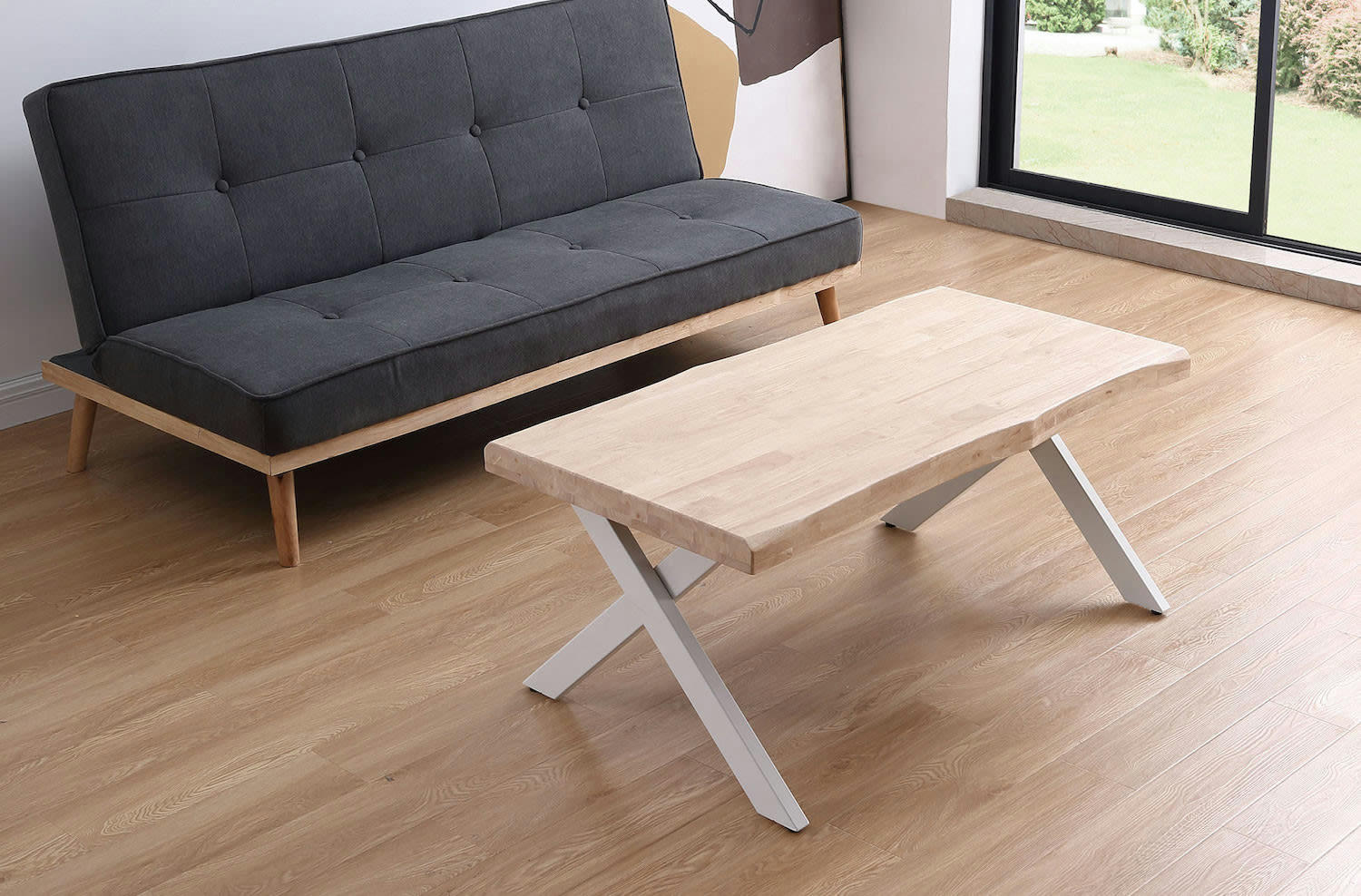 KAMILA - Table basse rehaussable bois et acier blanc L120