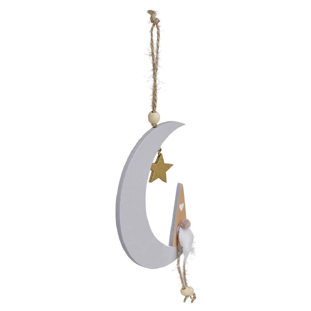 Décoration à suspendre No&euml;l en bois lune et gnome H25cm