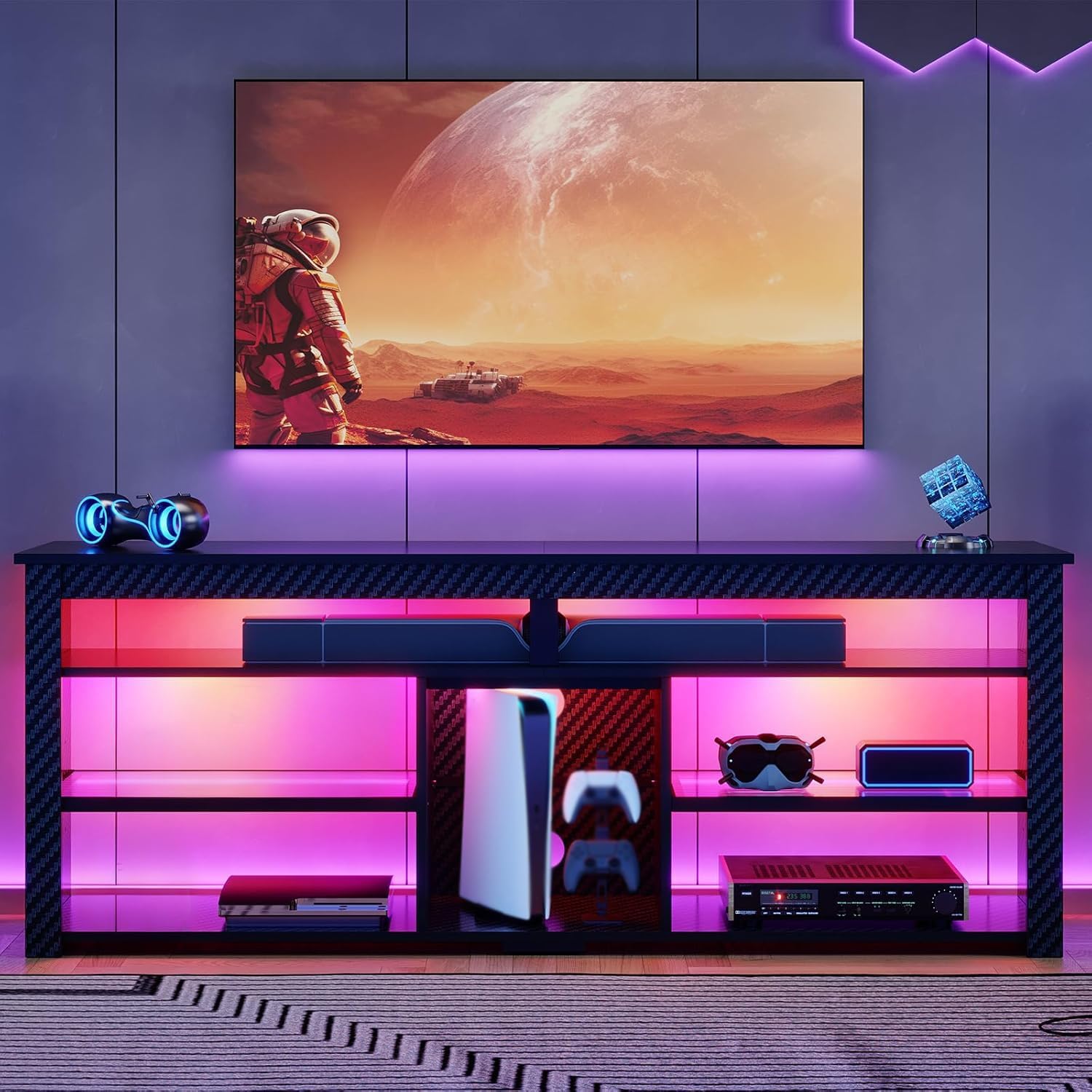 Bestier TV Stand for 70 inch TV, Tall Entertainment Center with 2 Led Lights, Gaming TV Console with Storage for PS5, Modern TV Cabinet for Bedroom, Living Room, Black Carbon Fiber