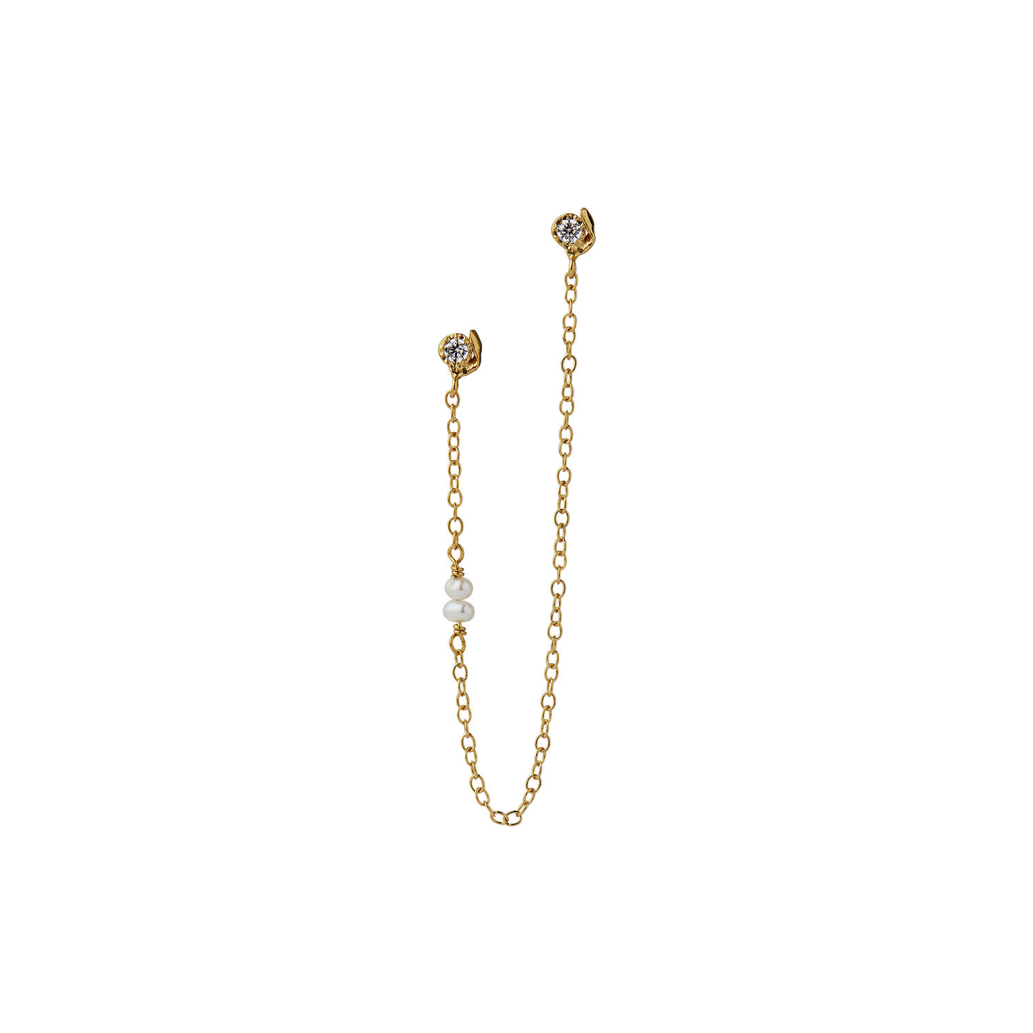 Twin Flow Earring with Stones, Chain & Pearls Single, gold
