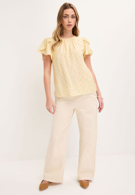 Womens Lemon Floral Tulip Sleeve Blouse