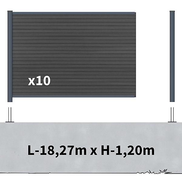 Kit Clôture Composite sur Muret SANTOS Ardoise 18x1,2m - Bois composite &Aluminium - Poteaux sur Platines Gris - Brise vue