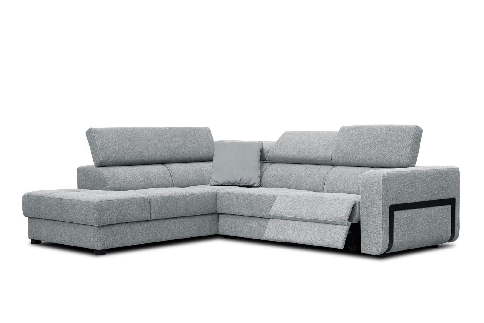 BERGO - Canapé d'angle gauche 5 places avec relax électrique tissu gris clair