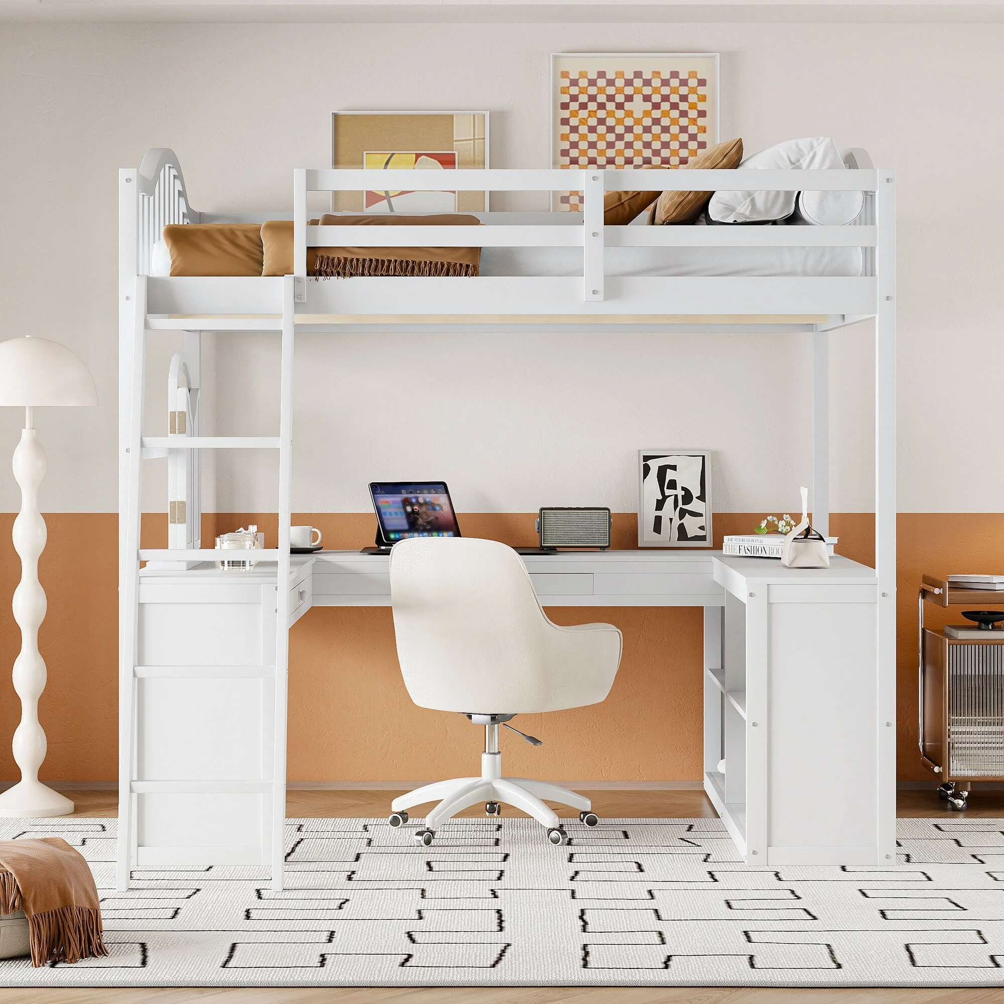 Full Wooden Loft Bed with U-shaped Desk,Storage Compartments and Tri-fold Mirror, White