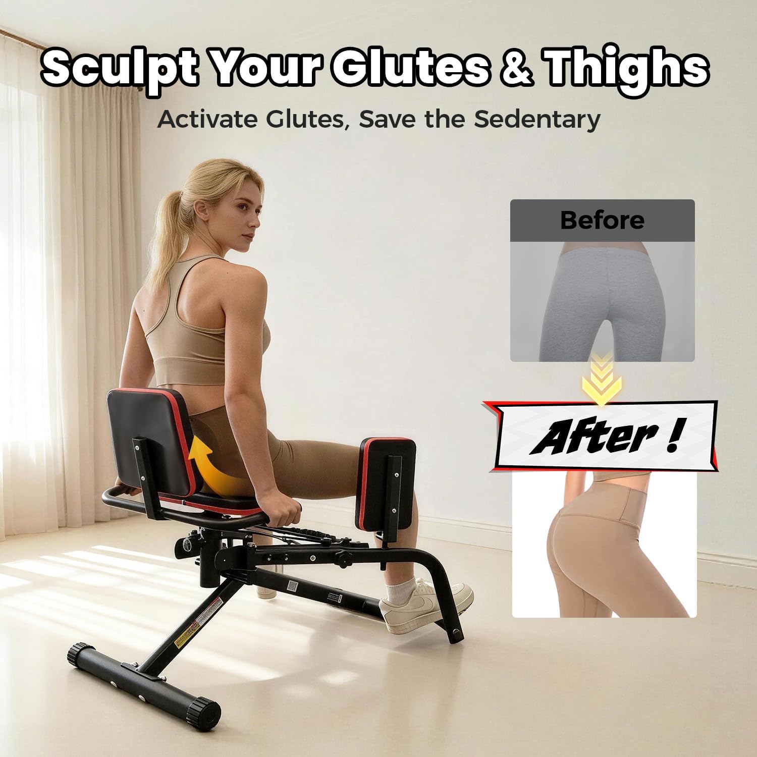 Hip Abductor Machine for Home Gym, 9 Levels Glute Workout Equipment, Booty Builder with 2 Resistance Bands, 2 in 1 Glute & Thigh Abductor Machine for Women & Men