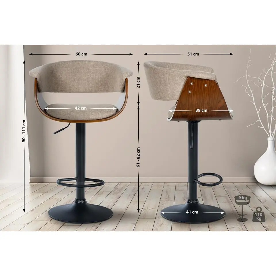 CLP Set van 2 Barkruk Vestal zwart Frame - Stof - walnoot/creme