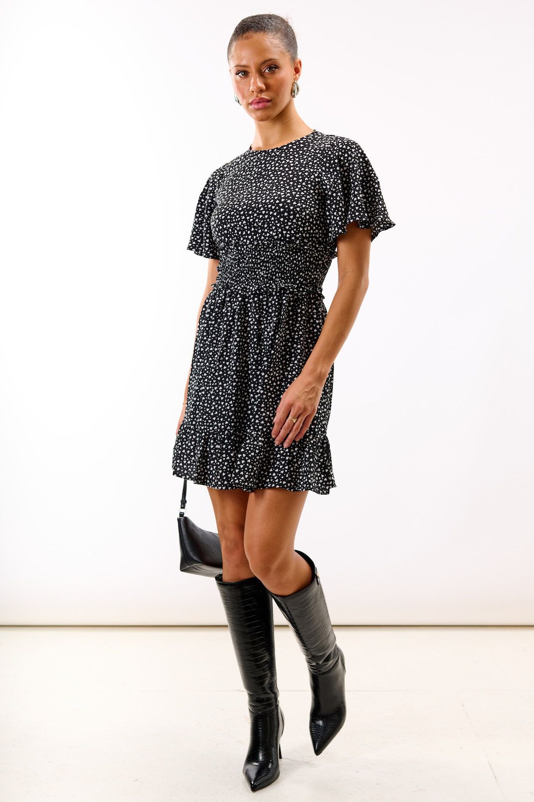 Needs No Label Mono Heart Shirred Waist Mini Dress