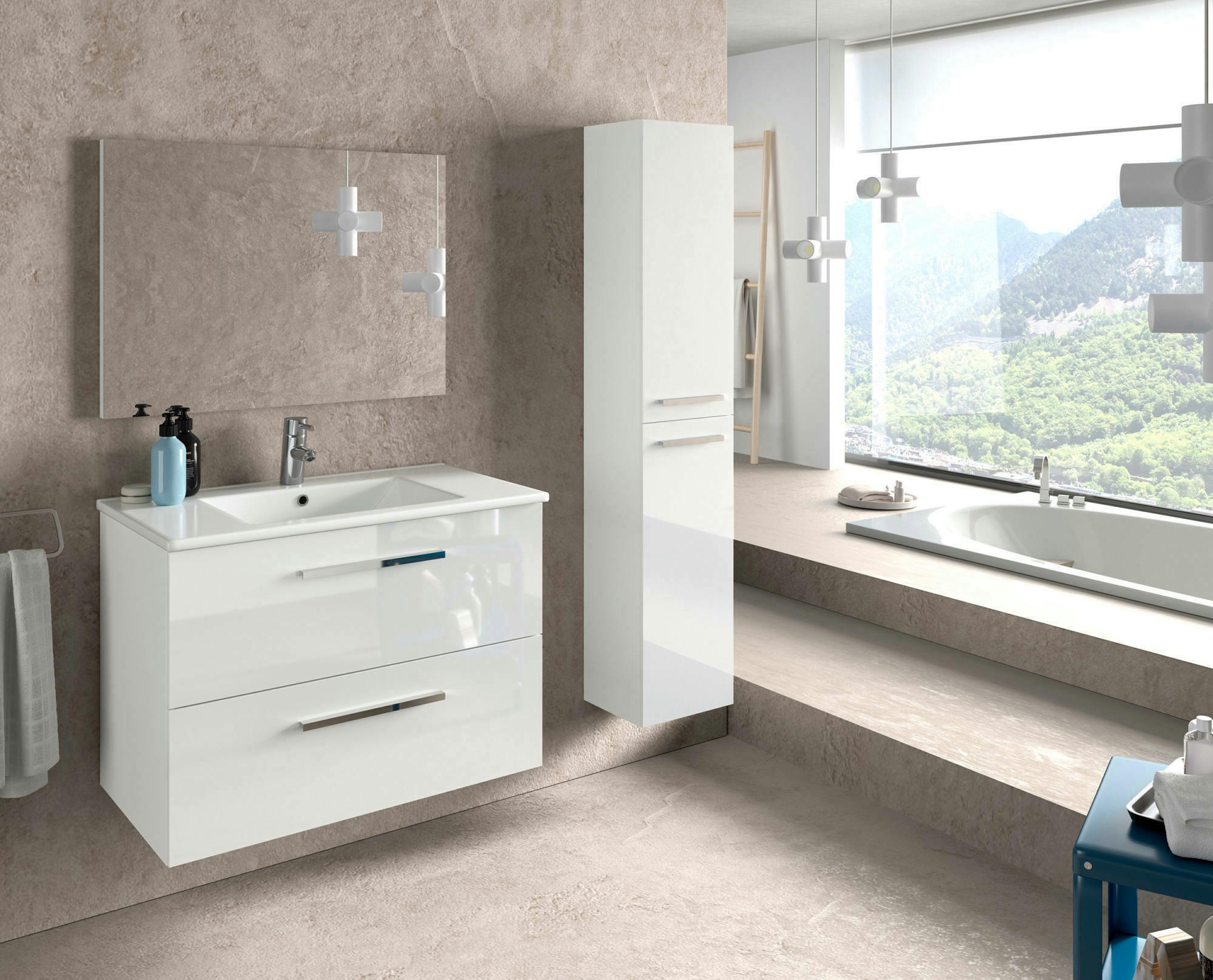 DABADO - Colonne de salle de bain 2 portes effet bois blanc brillant