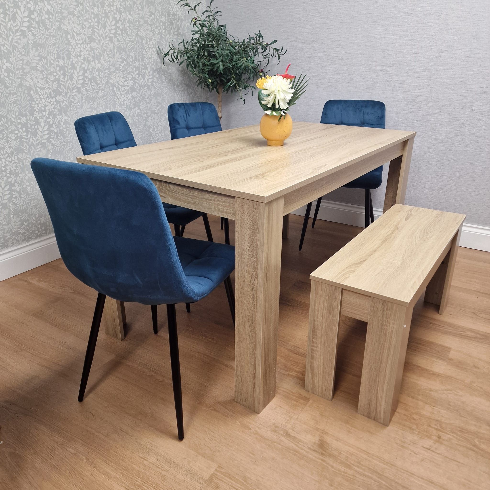 KOSY KOALA Modern Oak Effect Dining Table Set With 4 Blue Velvet Chairs And Bench Dining Room Furniture