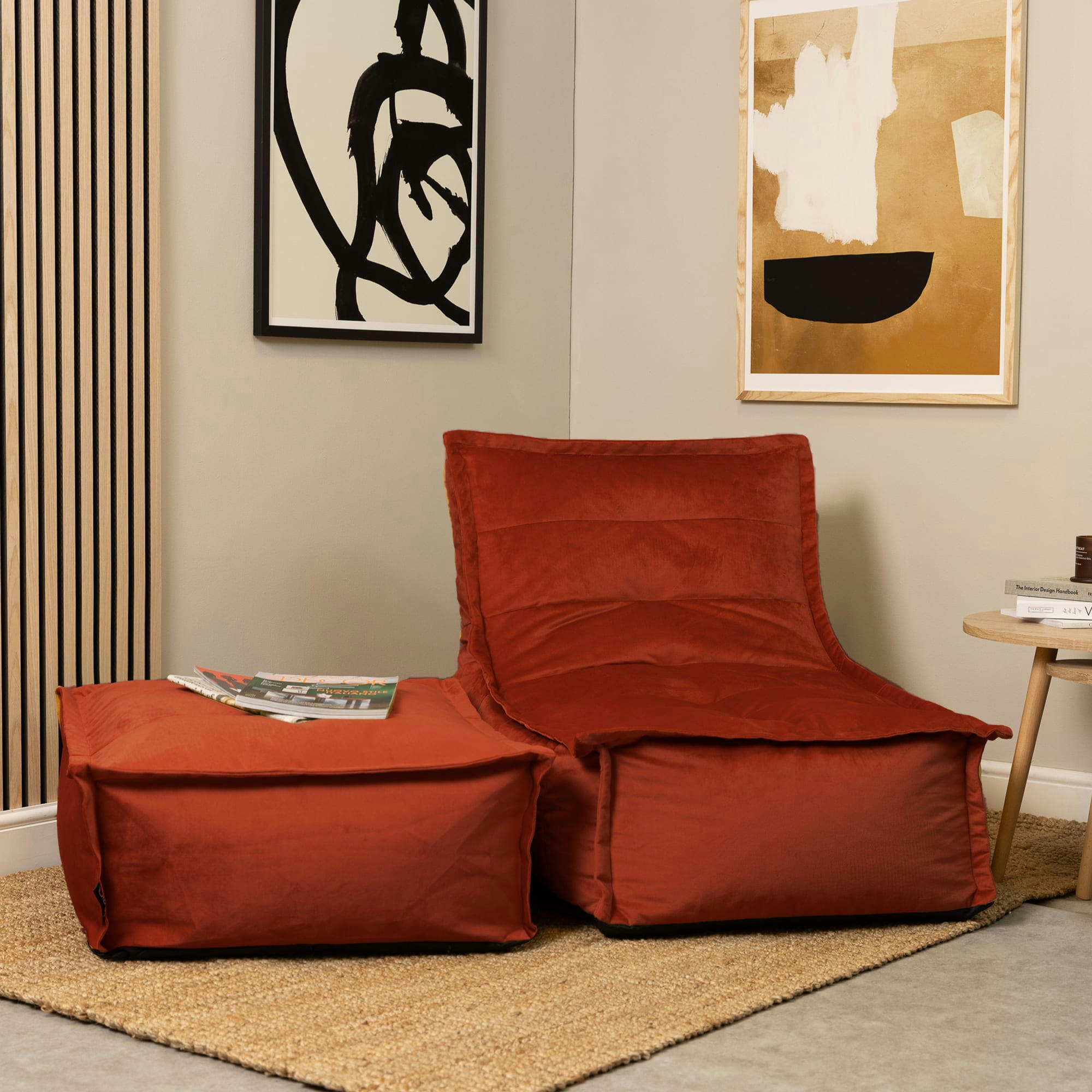DOLCE - Pouf velours avec large repose-pieds terracotta