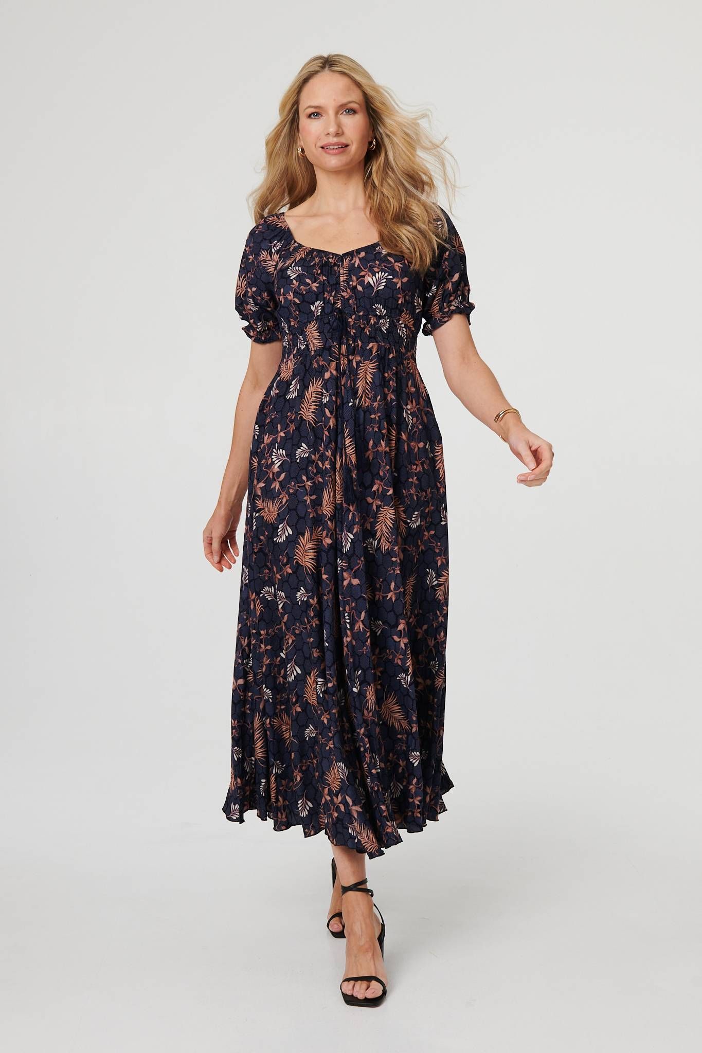 Izabel London Leaf Print Short Puff Sleeve Maxi Dress