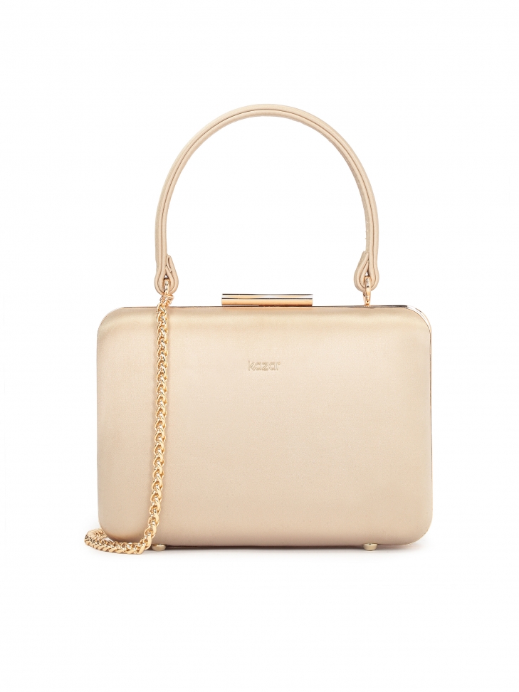 Rigid leather bag with a handle and a chain