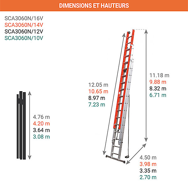 Echelle coulissante 16x3 barreaux - Hauteur à atteindre 11.18m - SCA3060N/16V