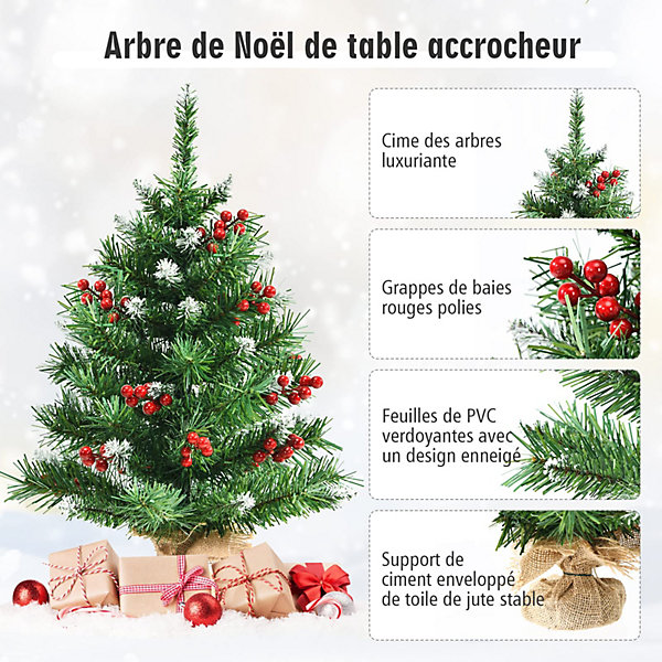 60CM Sapin Artificiel en Pot avec Neige 74 Branches et 12 Bouquet de Fruits Rouges 84 Baies de Houx, Petit Arbre Effet Neige