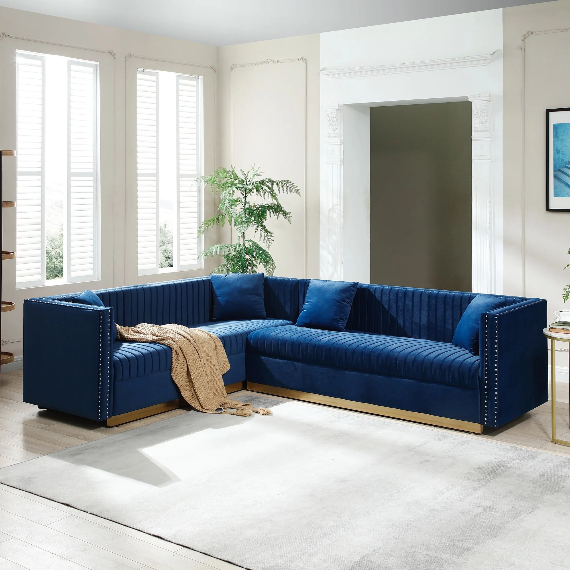 100.8'' Modern Velvet Corner Sectional Sofa for 6, Featuring 4 Pillows and Vertical Channel Tufting
