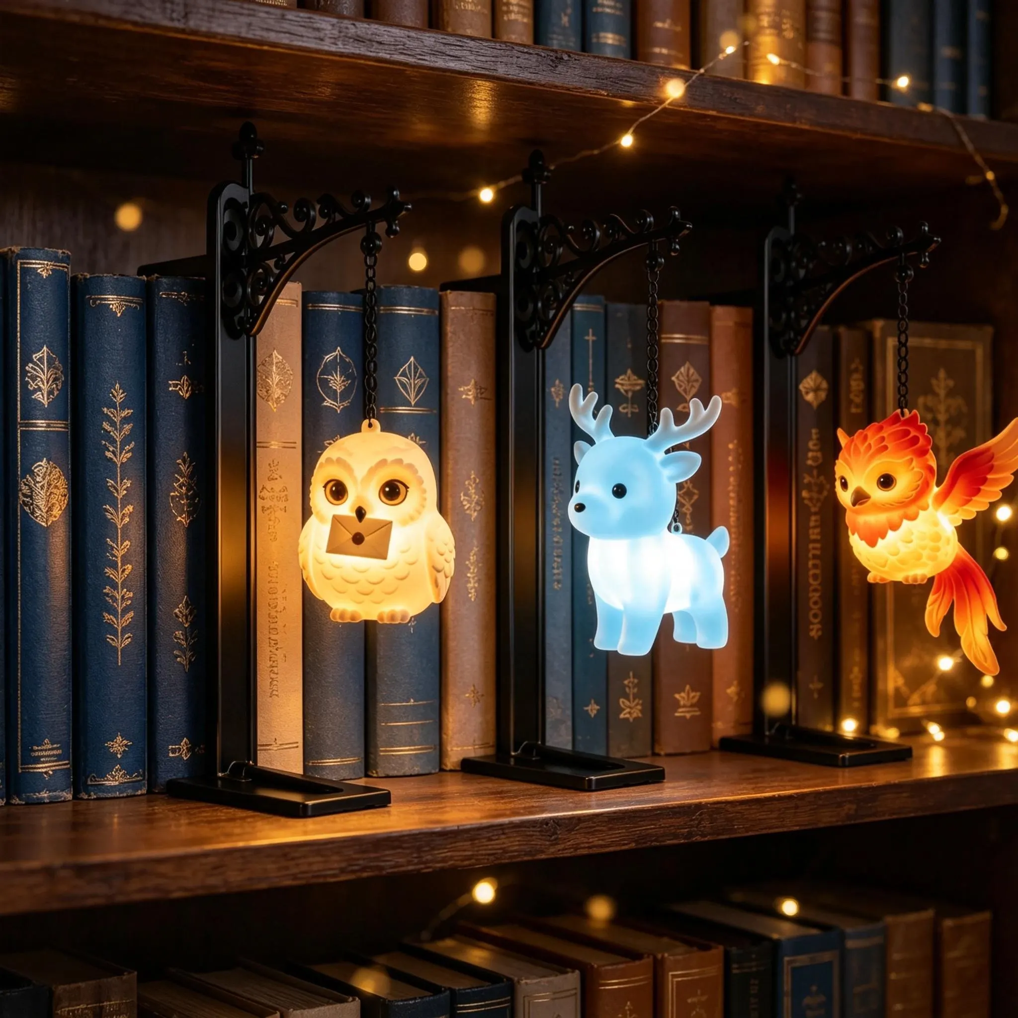 Whimsical Hanging Animal LED Lamp & Metal Bookend, Magical Shelf Accent Light, Cozy Book Nook Decor, Novelty Gift for Bookworms