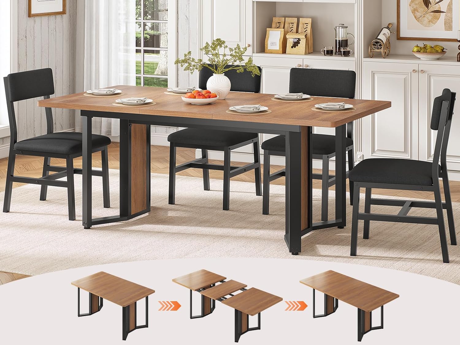 Itaar 5-Piece Dining Table Set for 4-6 People, 63 Extendable Kitchen Table and 4 Cushion Chairs, Dining Room Table with MDF Board & Metal Frame for Small Space, Easy Clean, Brown