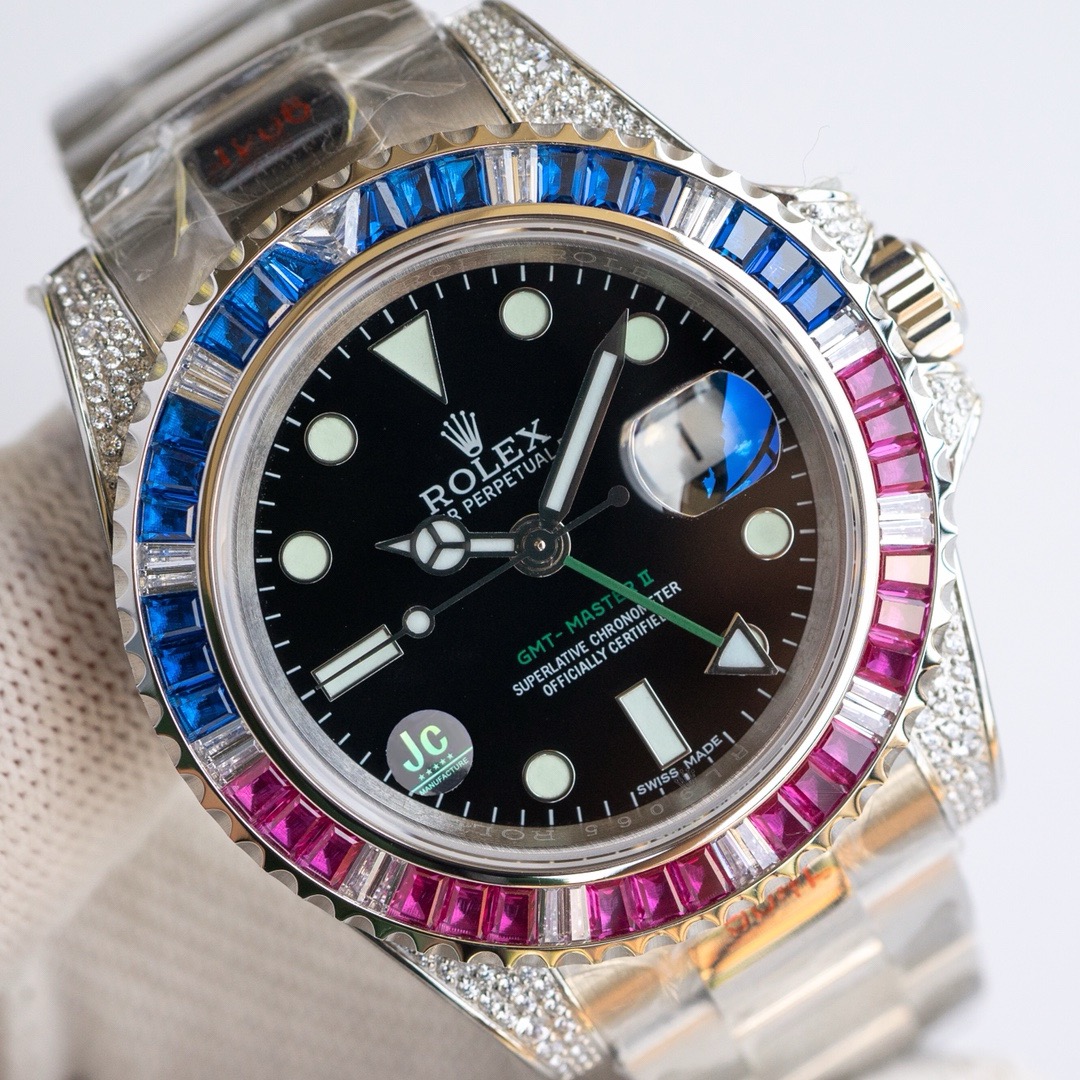 -Rolex GMT-Master II 18K White Gold Gem-Set Bezel and Case Watch -11