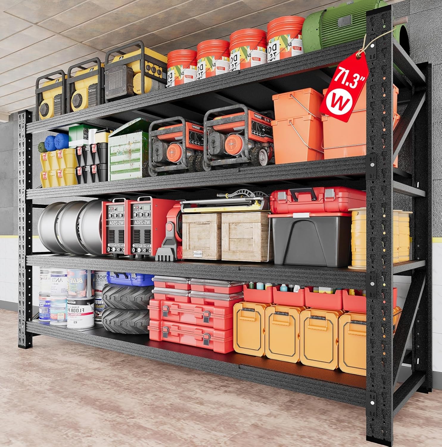 71.3 Wide Heavy Duty Garage Shelving Units,5000LBS Deep Storage Shelves,Black Metal Garage Shelves,Steel Shelf,Large Storage Rack,Industrial Shelving for Shop,Warehouse,Basement,71.3W x 24D x 70H