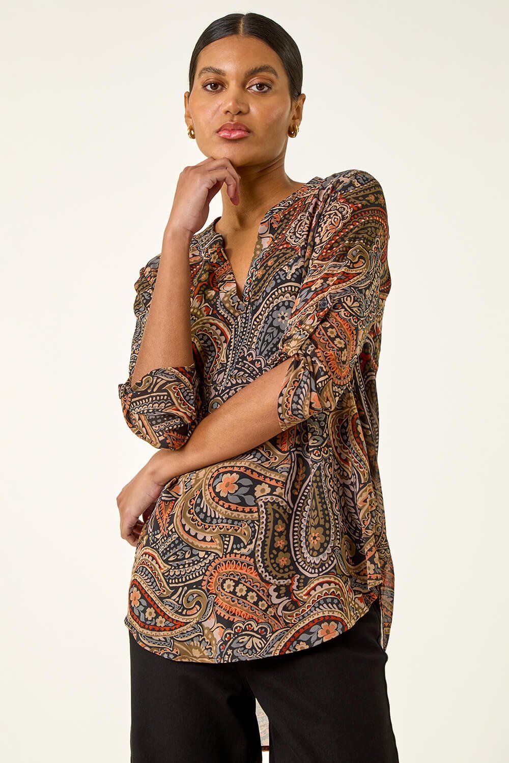 Roman Paisley Print V-Neck Chiffon Top