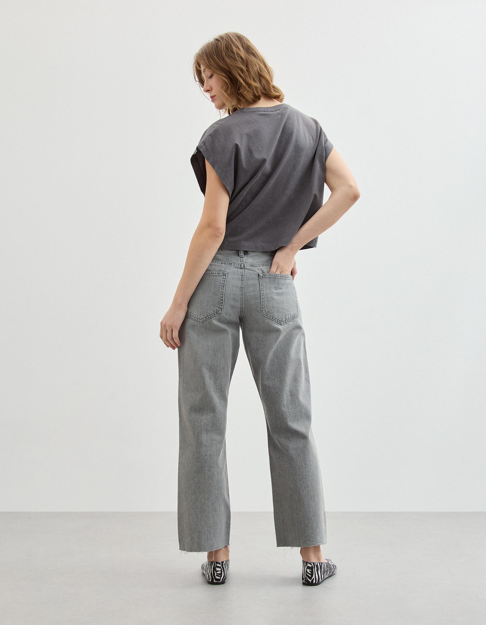 Calças de Ganga Cropped 'Straight Fit', Mulher, Cinzento Claro