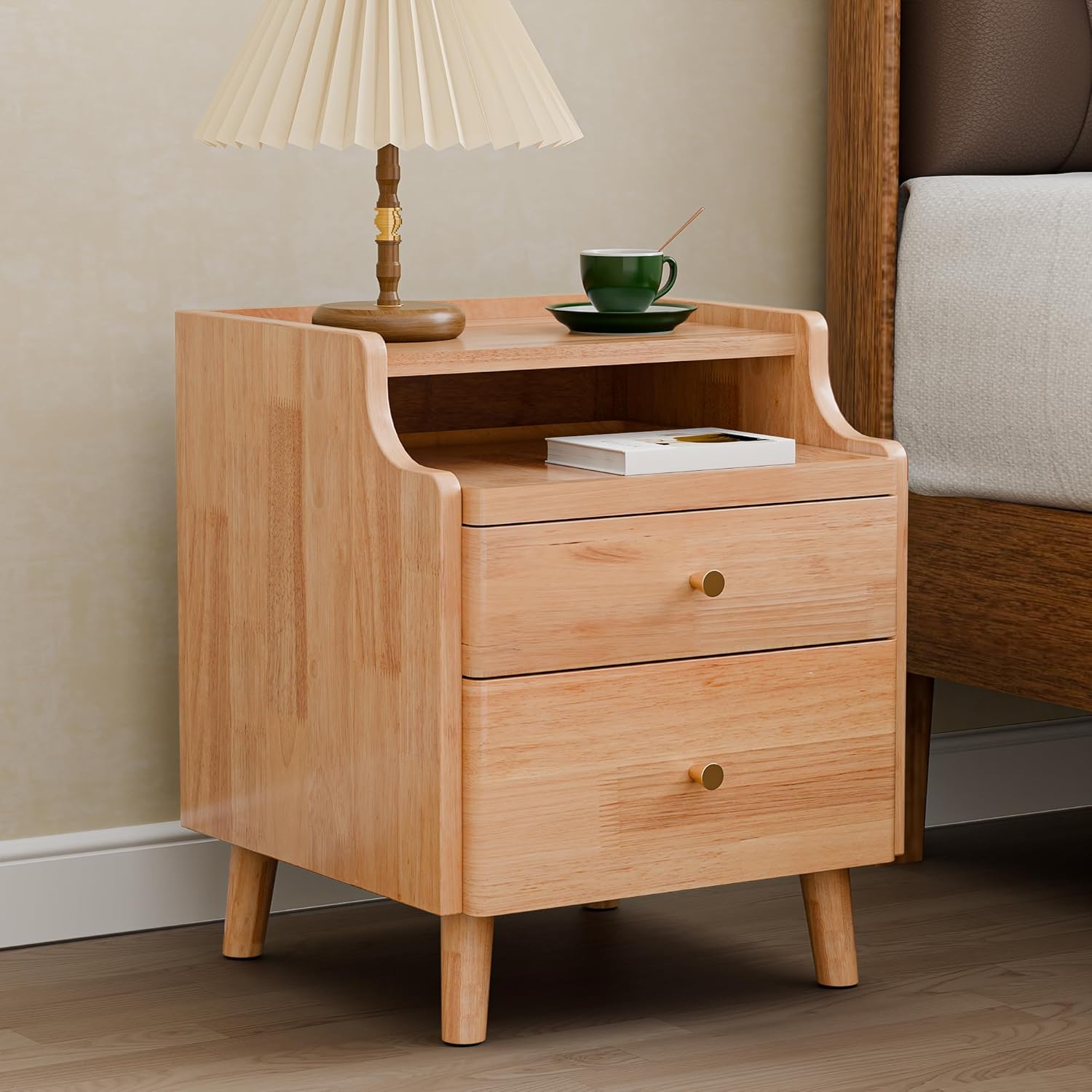 Nightstand Set of 2, Pre-Assembled, 19.7“H Solid Wood Night Stand with 2 Drawers, Open Sliding Shelf, Mid Century Modern Small Bedside Table for Bedroom, Natural Oak 16