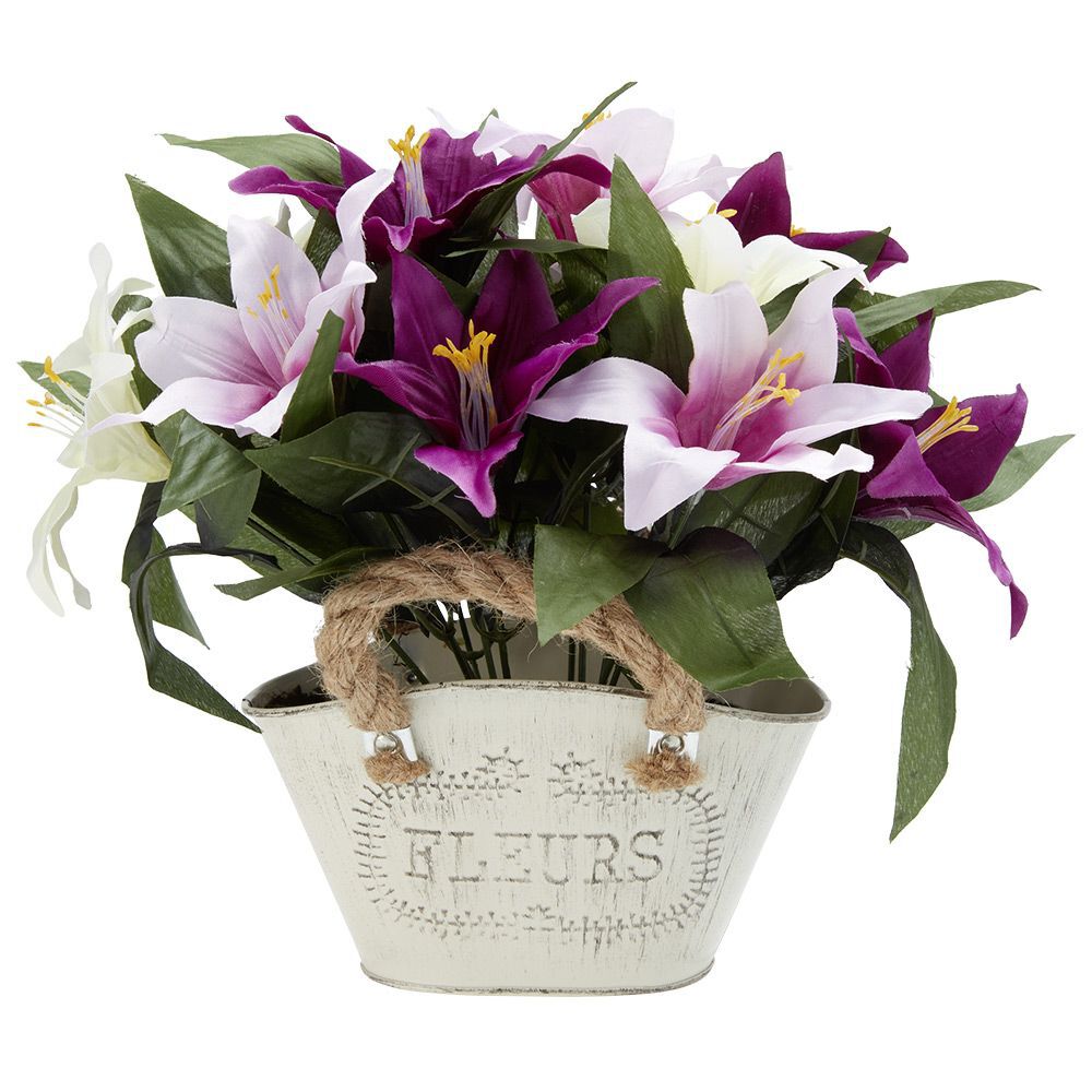 Jardinière métal fleur artificielle H24 cm violet