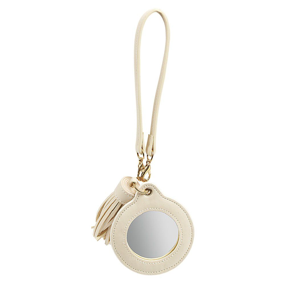 Porte-clé miroir avec pompon gris ou beige