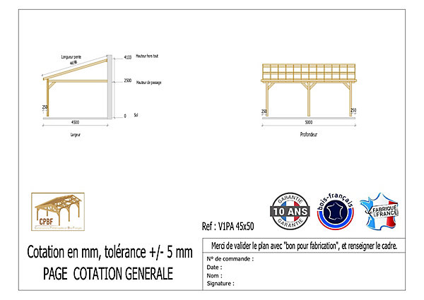 Carport adossé une pente 450cmx500cm, bois DOUGLAS Français (Charpente en bois-auvent-abri voiture) 23 m². Garantie 10 ans