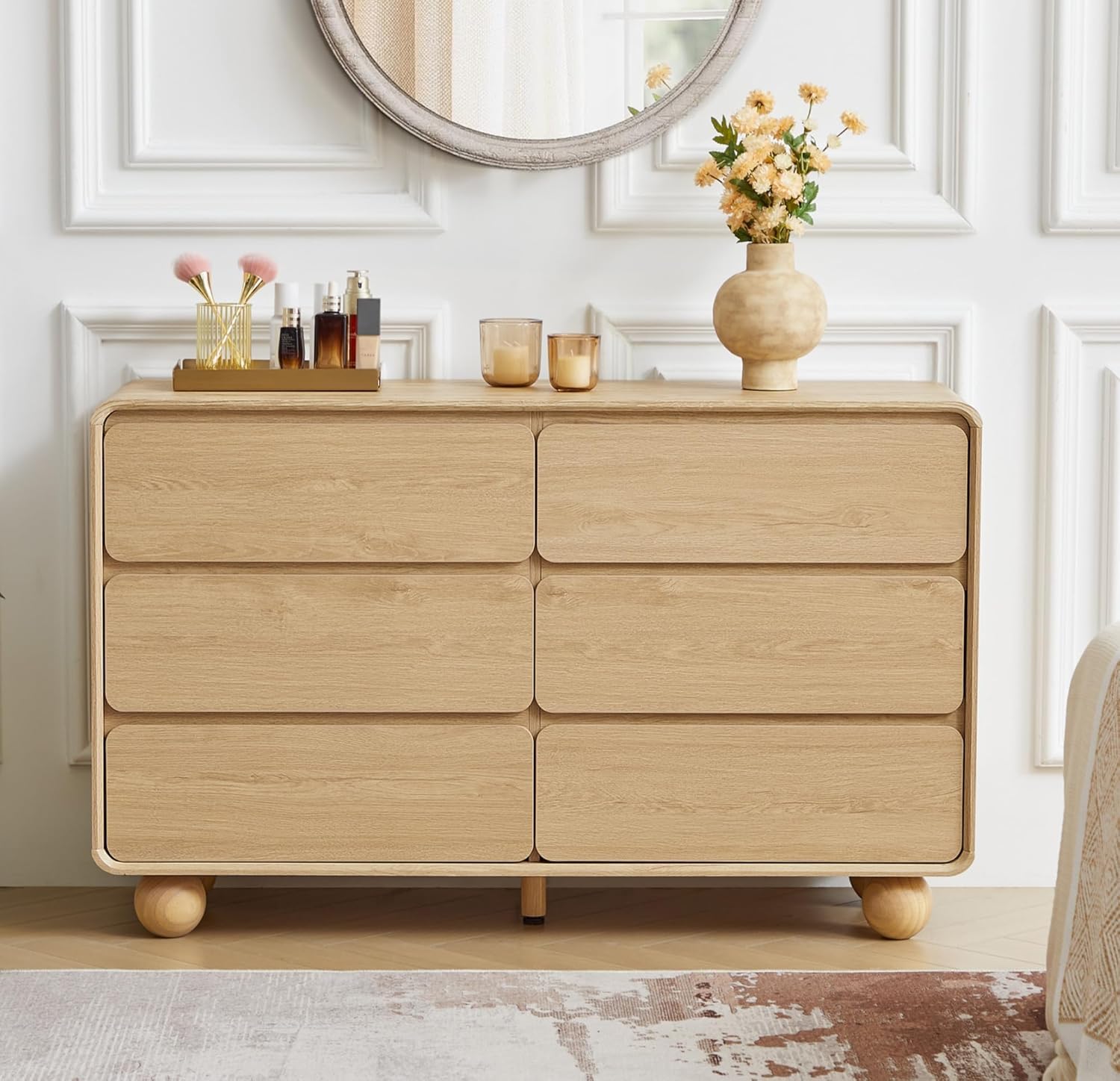 AVZEAR 6 Drawer Dresser for Bedroom, 48 Modern Wooden Dresser Chest of Drawers, Curved Profile Design, Closet Clothes Storage Organizer for Kids Bedroom, Living Room, Nursery, Natural Color