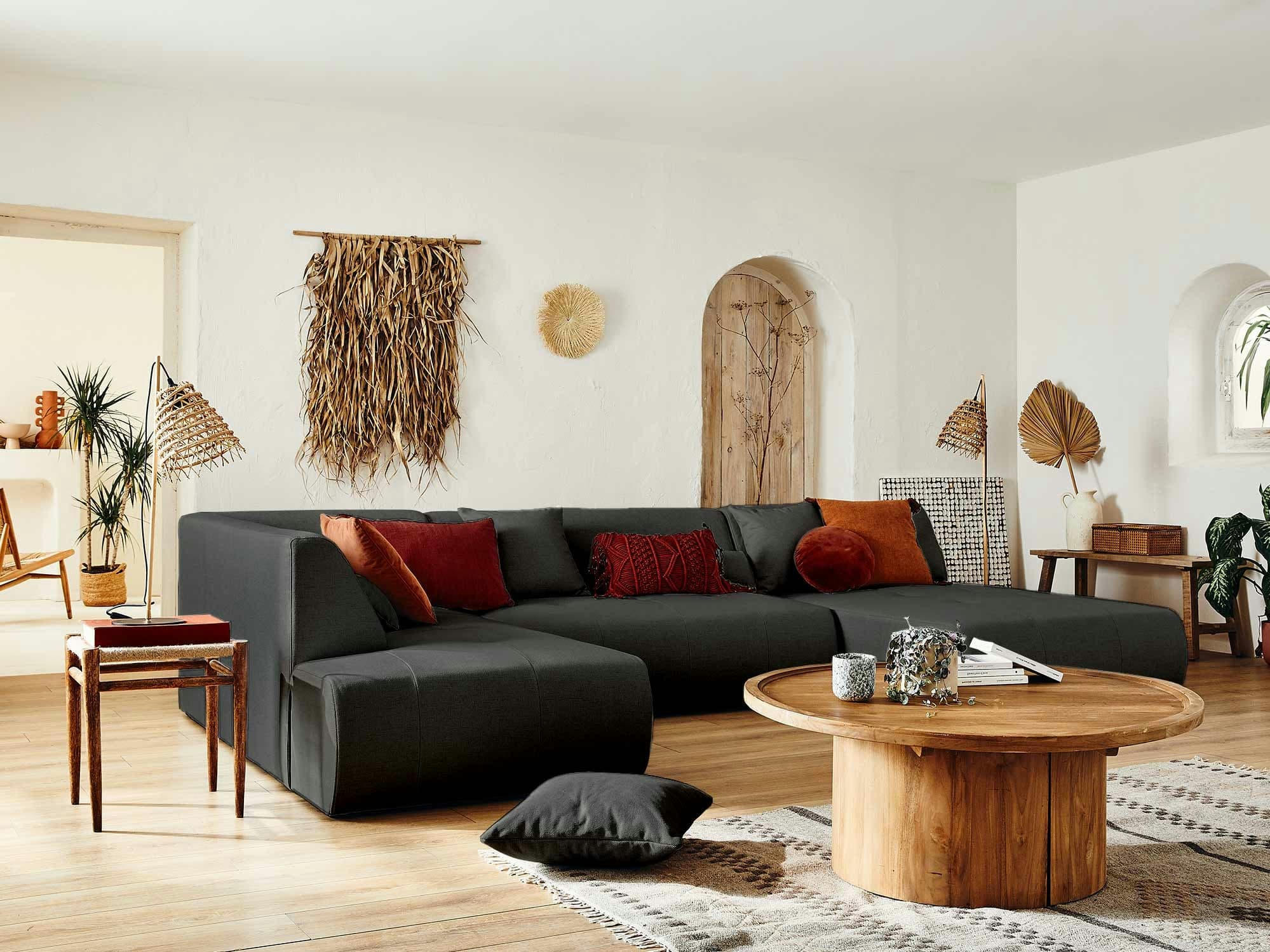 ONYX - Canapé modulable 7 places angle gauche en tissu gris foncé