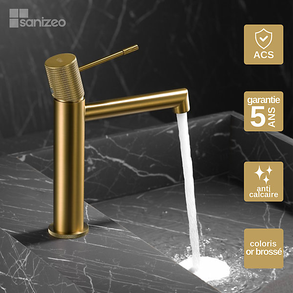 Mitigeur de Lavabo Anti-Calcaire Bec Bas Or Brossé IMEX LINE BDD038-1OC
