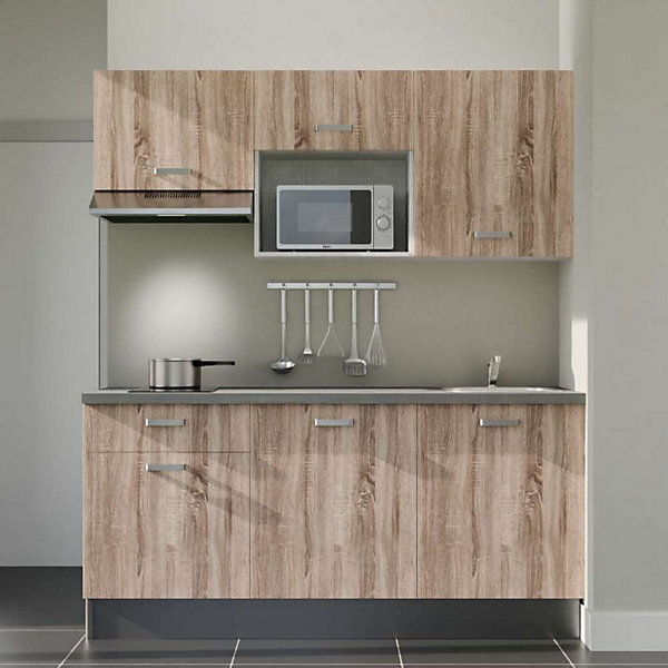 Kitchenette K30 façades Bois - Plan de travail Gris béton - Crédences : Non - Evier inox - Electroménager Inox inclus