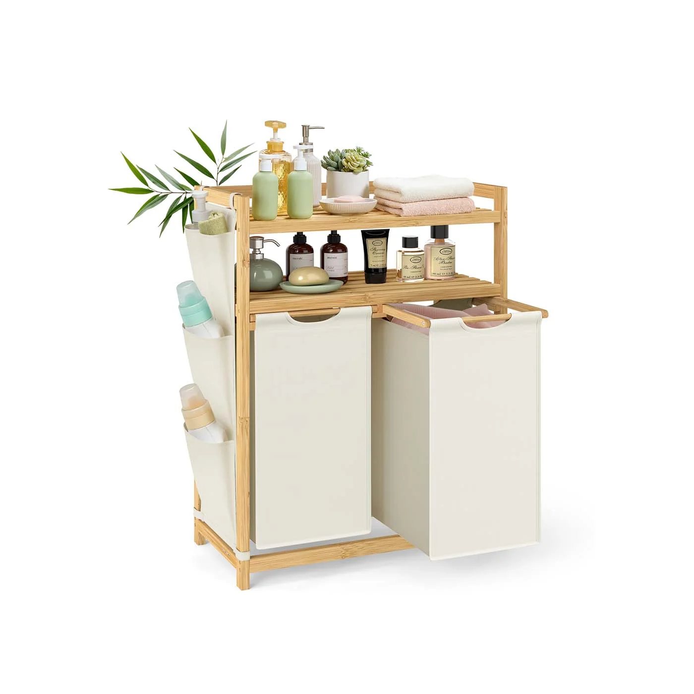 Panier à linge multicouches avec étagère et poches latérales